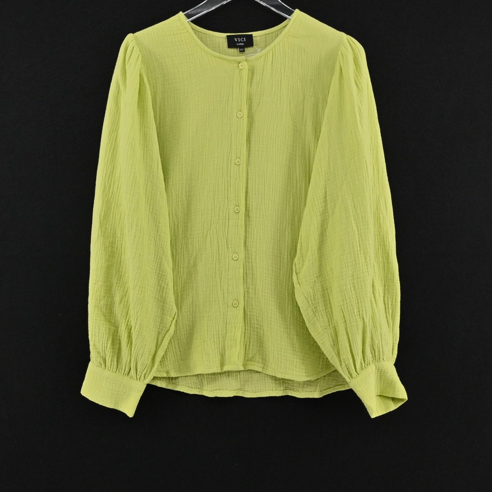 VICI Womens Gauze Peasant Top Size L Green Collarless Textured Cotton Button